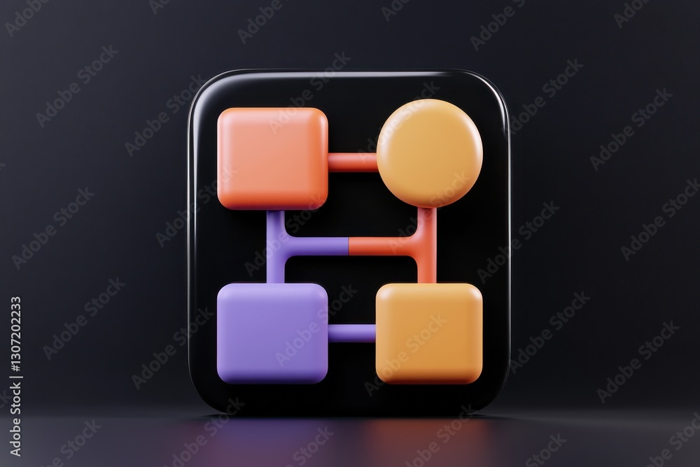 Poster a sleek black background features an abstract icon with interconnected geometric shapes in vibrant c