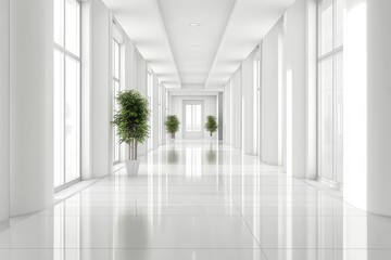 White interior with long corridor in modern space. AI generated illustration.