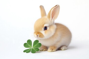 Obraz premium Cute baby bunny with a clover leaf on solid white background.