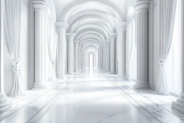 Fototapeta premium White interior with long corridor in modern space. AI generated illustration.