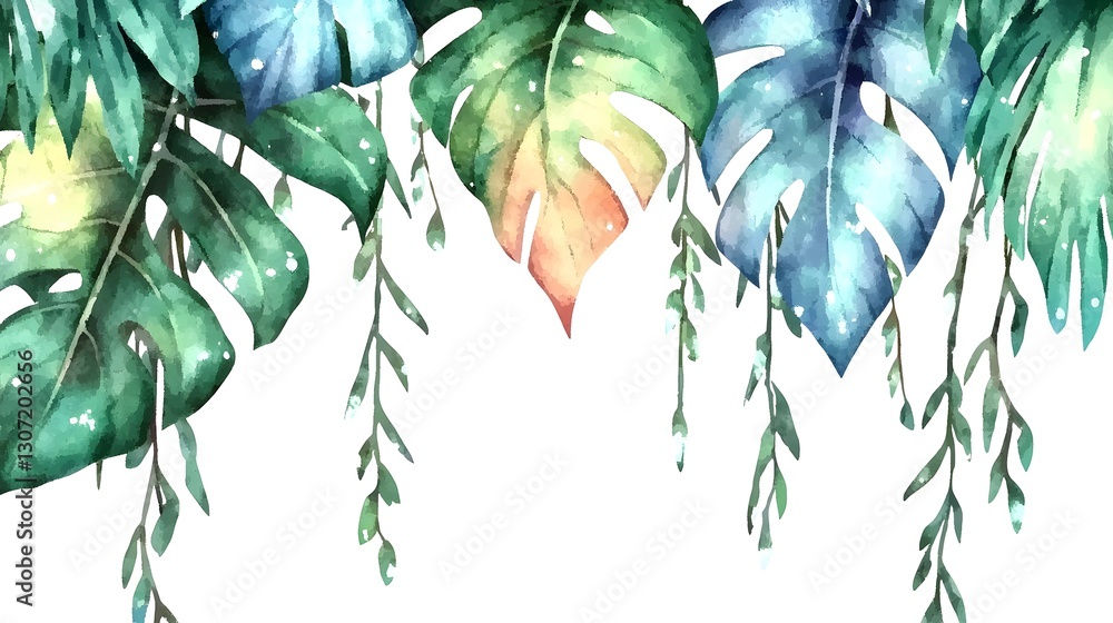 Poster vibrant and refreshing watercolor painting of detailed green leaves with delicate veins set against 