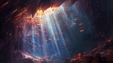 Fototapeta premium Sunlight illuminates many orange fish swimming inside a dark underwater cave