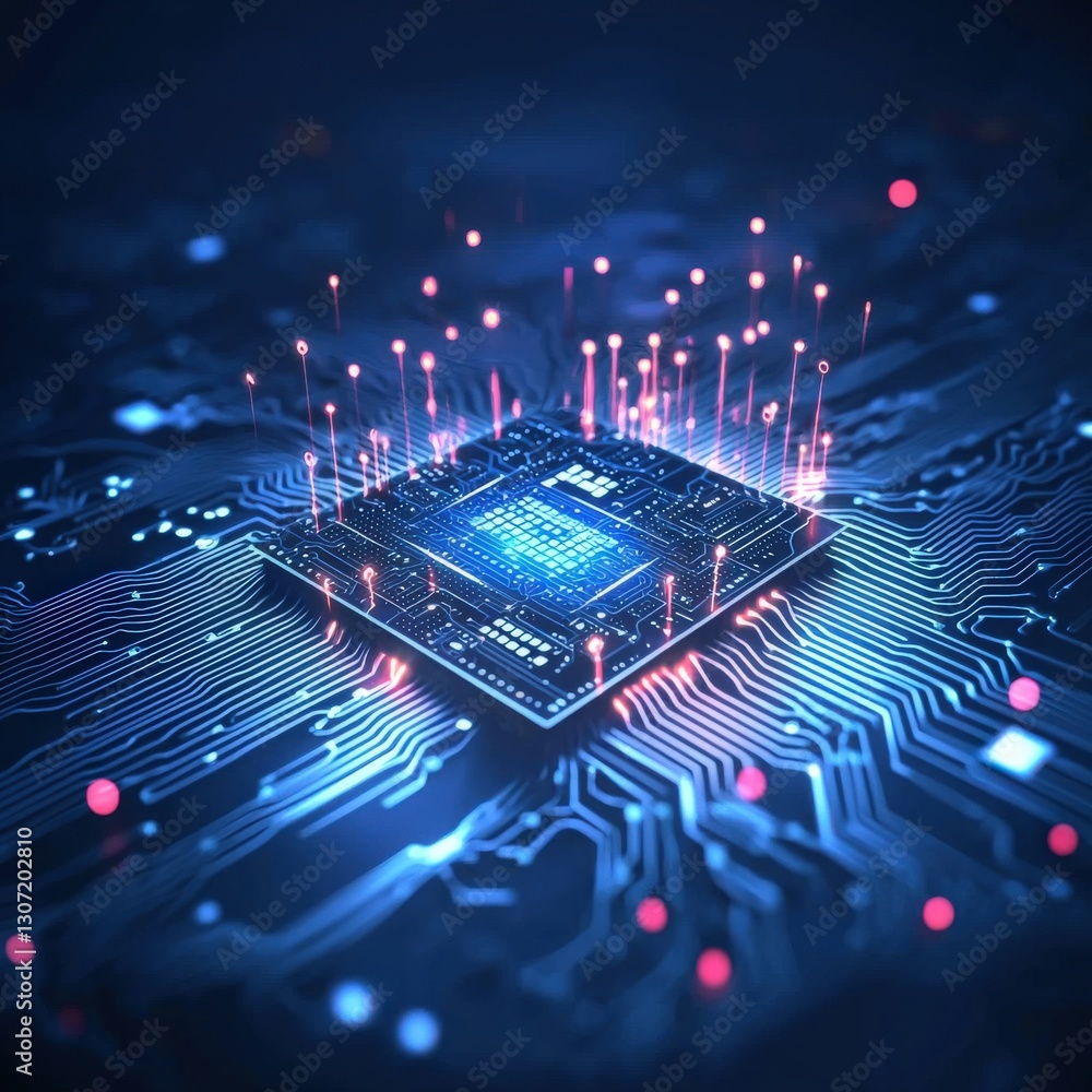 Poster futuristic coding solutions visualized in glowing detail.