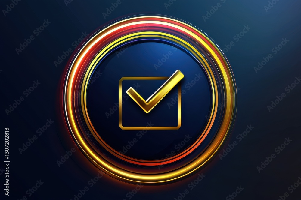 Poster a stylized golden checkmark inside a circular design, set against a dark background, symbolizing com