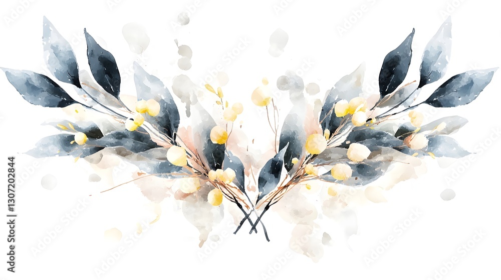Poster serene and watercolor of vivid green leaves with soft organic textures elegantly placed on a crisp w