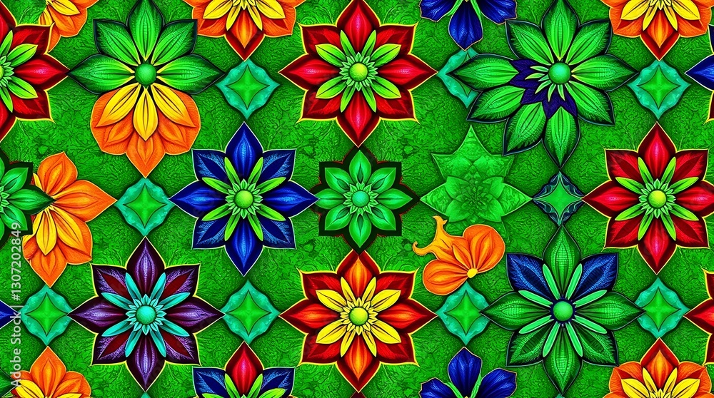 Poster blooming mosaic: a vibrant floral mosaic pattern bursting with life, featuring an array of colorful 