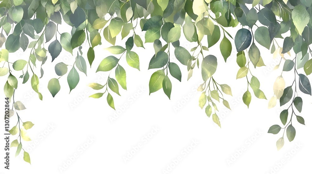 Poster elegant and serene watercolor painting of lush green leaves arranged in a beautiful botanical compos