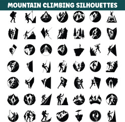 Mountain Climbing Silhouettes Adventure Icons, Climbers, Peaks, Vectors