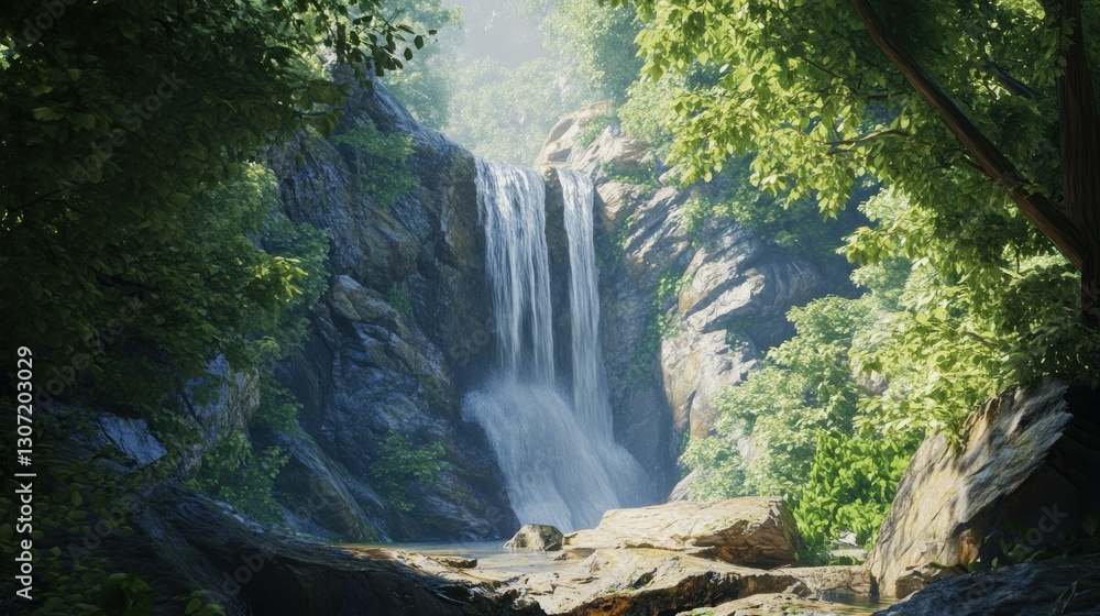 Poster Serene waterfall cascading through lush greenery in a tranquil forest setting