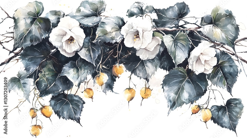 Poster a whimsical and delicate botanical watercolor painting showcasing a variety of green leaves painted 
