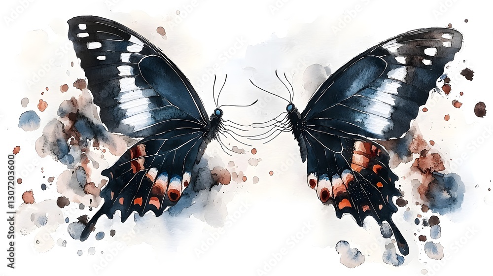 Poster a delicate and expressive watercolor artwork depicting a butterfly in mid flight its shimmering blue