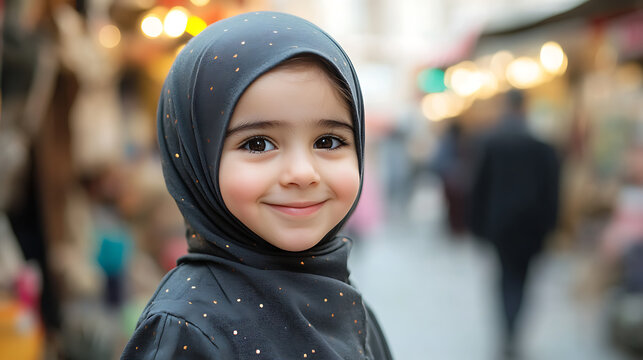 smiling muslim girl child wearing hijab outdoor portrait in middle eastern city street lifestyle cultural identity heritage modest clothing traditional fashion urban background