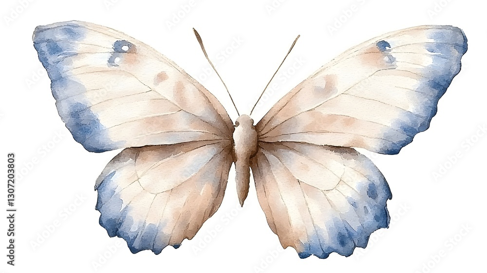 Poster a graceful and detailed watercolor of a butterfly featuring striking shades of blue and orange with 