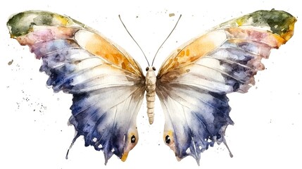 Exquisite watercolor butterfly showcasing intricate wing patterns in striking shades of blue and orange set against a minimalist white background creating a captivating and ethereal visual experience