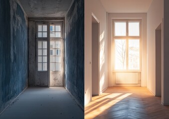 Obraz premium Renovated room, before and after. A dimly lit, dilapidated room is transformed into a bright, sun-drenched space, showcasing a complete home renovation.