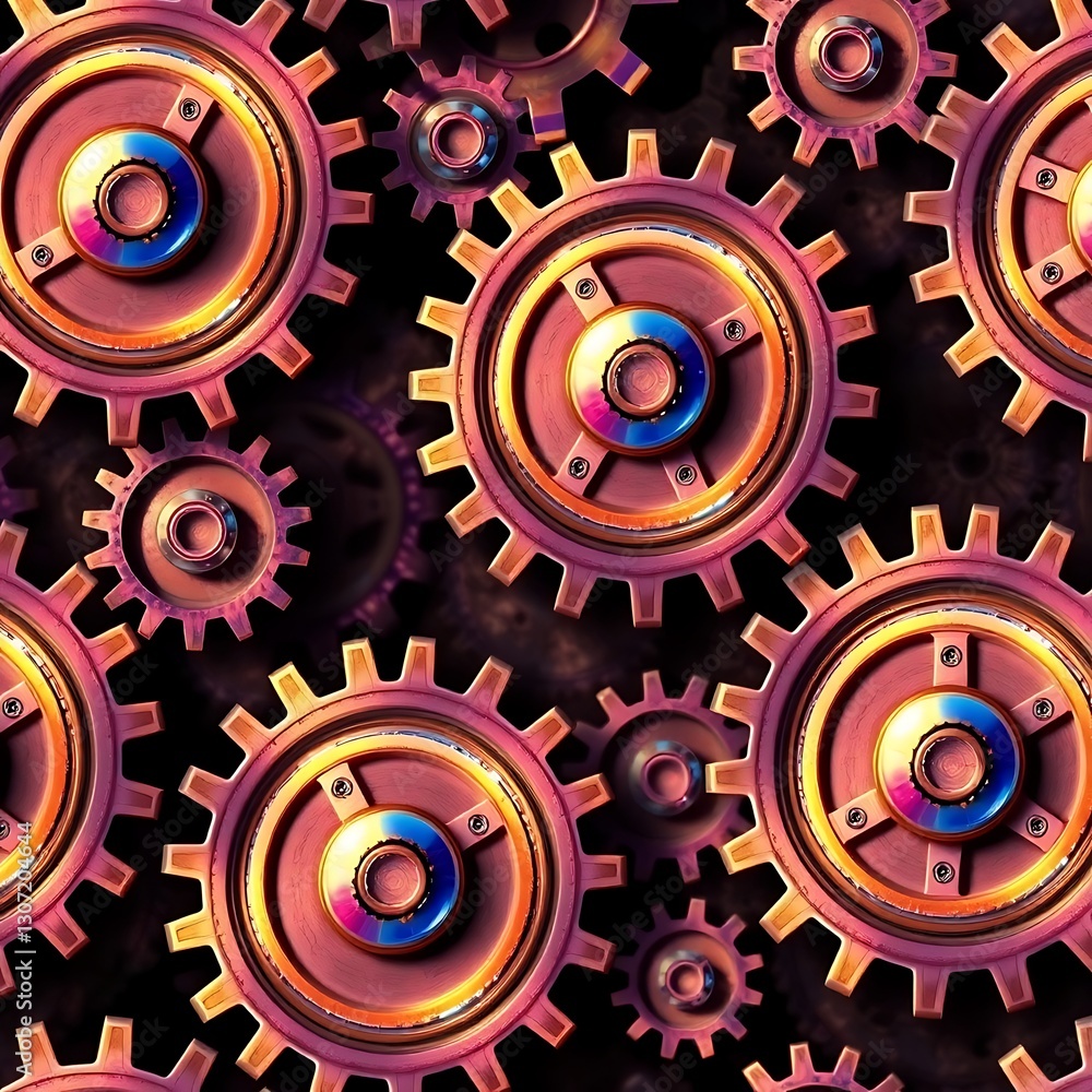 Poster mechanized harmony: a seamless pattern of intricate gears interlocks, illustrating the complex and s