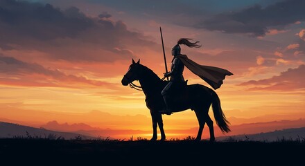 Naklejka premium Illustration of knight silhouette on horseback - Bravery and solitude - Fantasy book cover design