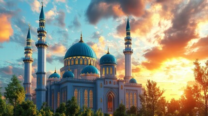 Majestic Mosque at Sunset: A Breathtaking Architectural Masterpiece