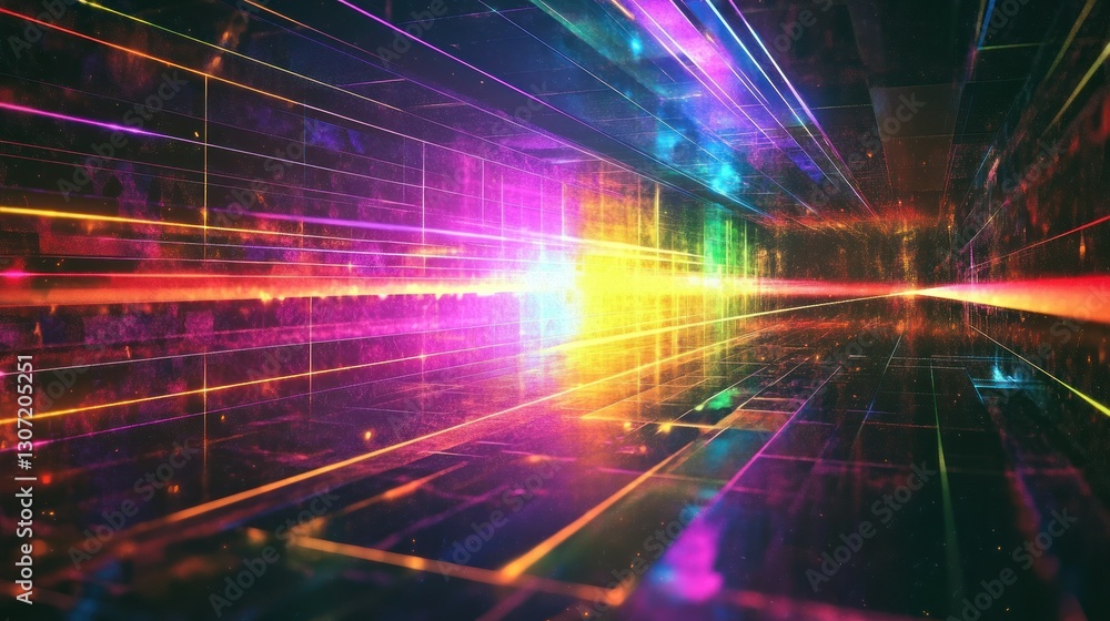 Poster vibrant abstract digital tunnel with colorful lights and reflections creating a futuristic atmospher