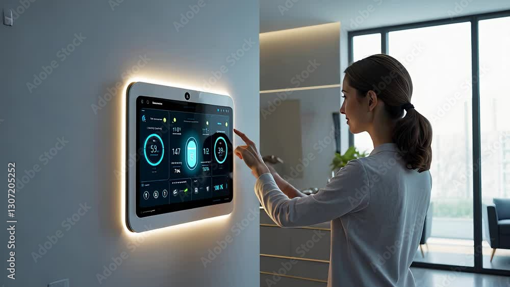 Poster woman using wall-mounted smart home control panel with touchscreen interface for automation and conn