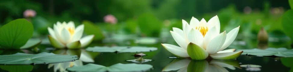 Fototapeta premium Large white lotus flowers in a lake with surrounding greenery, blooming flowers, greenery