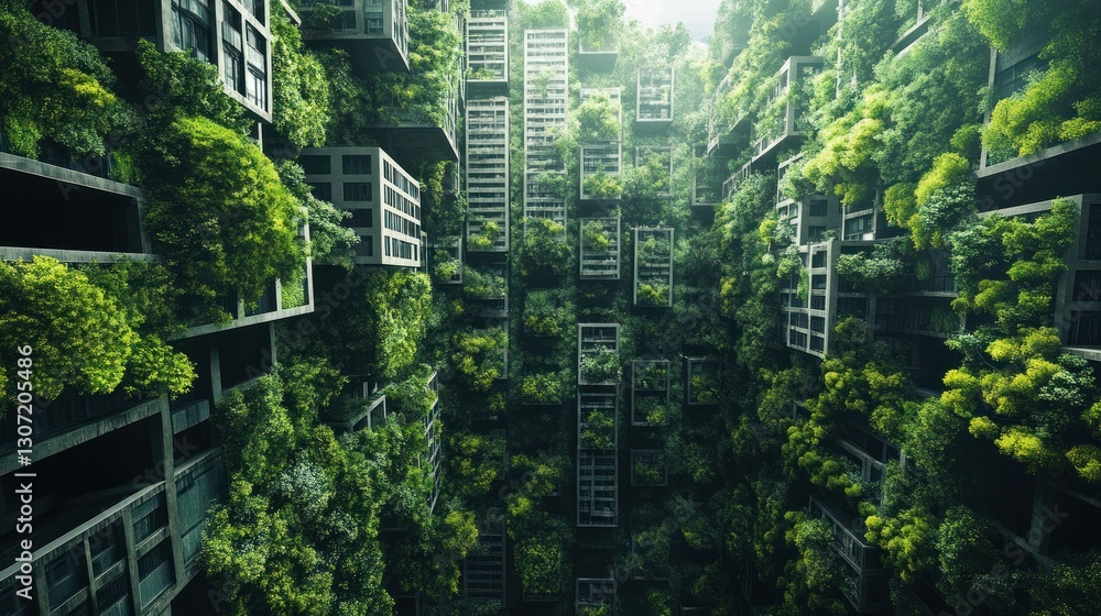 Poster vertical urban jungle with lush greenery enveloping modern architecture in a serene environment