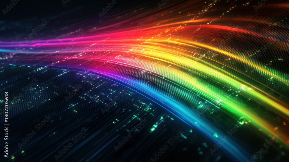 Poster vibrant abstract light trails in a dynamic motion, creating a colorful digital landscape