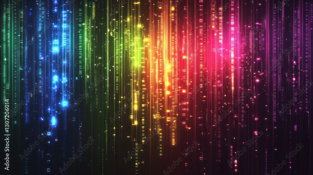 Poster vibrant abstract light trails in rainbow colors with a dark background, creating a dynamic atmospher