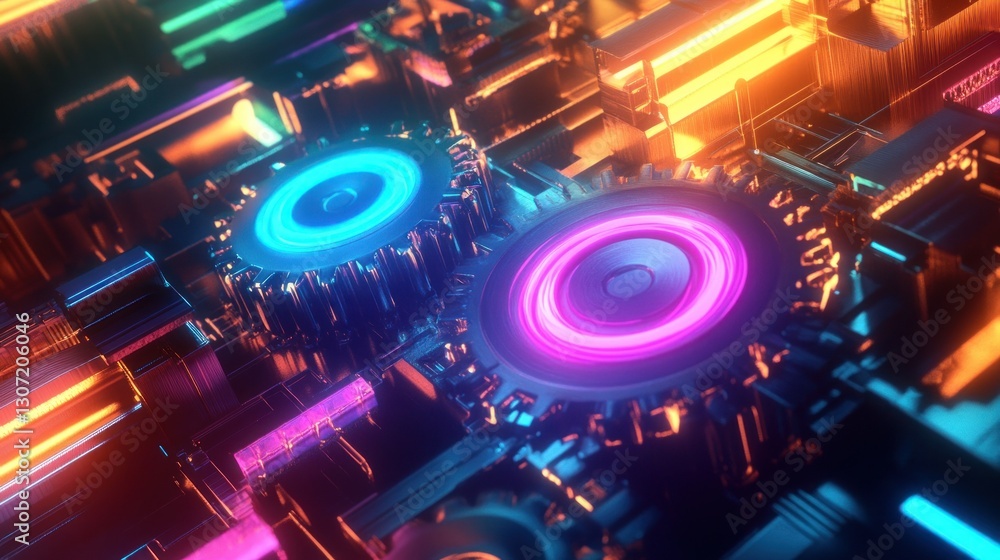 Poster vibrant abstract representation of futuristic gears and circuits illuminated in neon colors