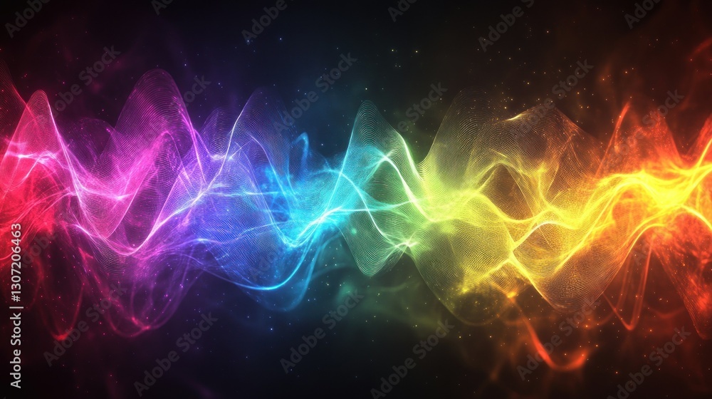 Poster vibrant abstract wave patterns in a spectrum of colors creating a dynamic visual effect