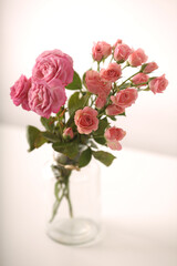 Beautiful bunch of fresh pink roses in full bloom against white background. Bouquet of flowers. Copy space for text. Valentine's day or Mother's day card.