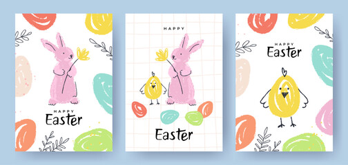 Fototapeta premium Happy Easter card collection. Trendy Easter design with typography, hand painted plants, dots, eggs, chick and bunny in pastel colors. Cute art Easter template for ads, web banner, poster, print