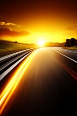 Naklejka premium Golden light on a dark asphalt road under sunset creates a journey feel