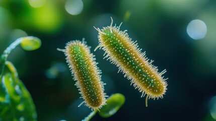 Naklejka premium Microscopic Green Rod Shaped Bacteria in Detailed 3D Rendering