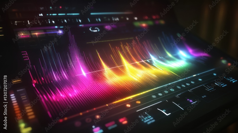 Poster vibrant audio visualization on a digital interface showcasing sound frequencies in a dark environmen