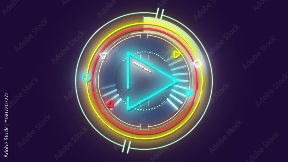 Poster animation with neon play button surrounded by glowing lines and colorful shapes