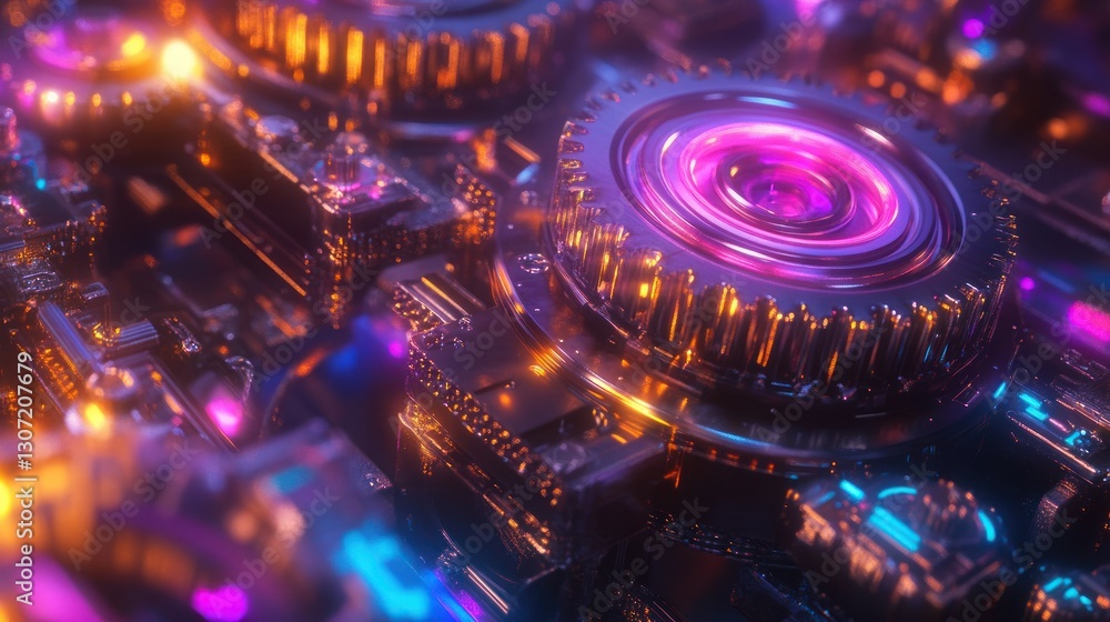 Poster vibrant close-up of intricate gears and circuits illuminated with colorful neon lights
