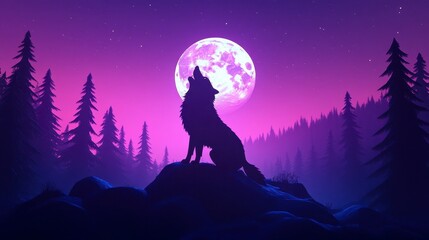 Fototapeta premium Silhouette of Howling Wolf Against a Purple and Pink Night Sky with Full Moon and Pixel Art Forest