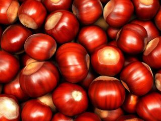 Close-up view of collection of fresh, glossy chestnuts with deep red-brown shells. Background image highlights natural texture, smooth surface, and subtle reflections on the nuts.