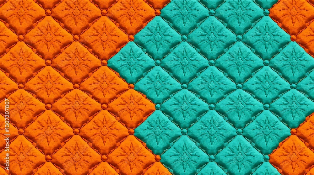 Poster geometric patterns: an eye-level close-up shot revealing an intricate tapestry of orange and teal pa