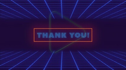 Thank You! text inside neon triangle on retro grid animation background - Powered by Adobe