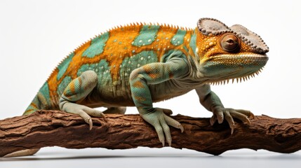 Fototapeta premium Professional image of a chameleon perched on a branch, its skin changing colors, on a seamless white background, perfect for branding, packaging, and advertising