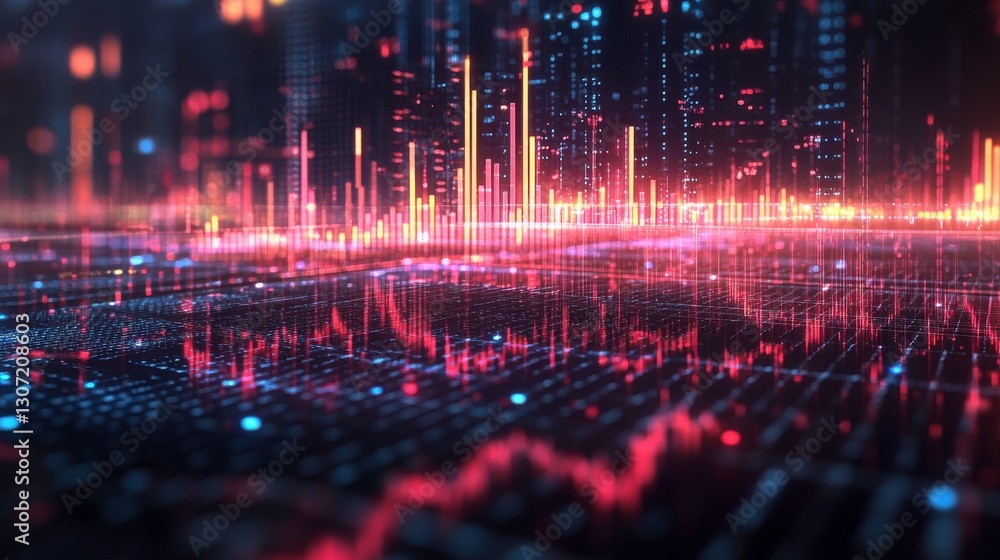 Poster a vibrant digital landscape showcasing data visualization with colorful graphs and lines representin