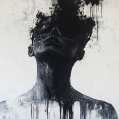 Abstract monochrome painting of a young caucasian male with dripping black paint