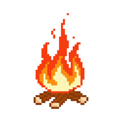 Burning pixel bonfire. Fire has flared up with warm atmosphere of picnic and relaxation after hiking trip