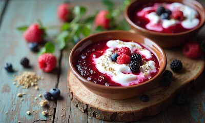 Homemade yogurt with spring berry compote in earthenware bowls on weathered wooden table