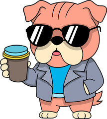 Cute Bulldog Mascot Wearing Sunglasses and Jacket Holding a Coffee Cup