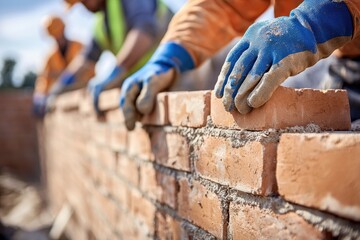Workers in gloves construct a brick wall, showcasing craftsmanship and teamwork in masonry under bright sunlight.