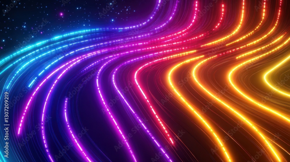 Poster vibrant flowing lines of light in a cosmic background, creating a dynamic and colorful atmosphere
