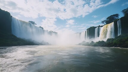 A breathtaking view of powerful waterfalls cascading into a river